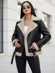 Chaqueta de cuero para mujer negro-beige OZONEE JS/11Z8177Z