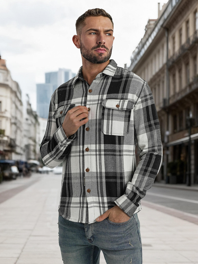 Camisa de hombre negro-blanca OZONEE NB/MC728N/3