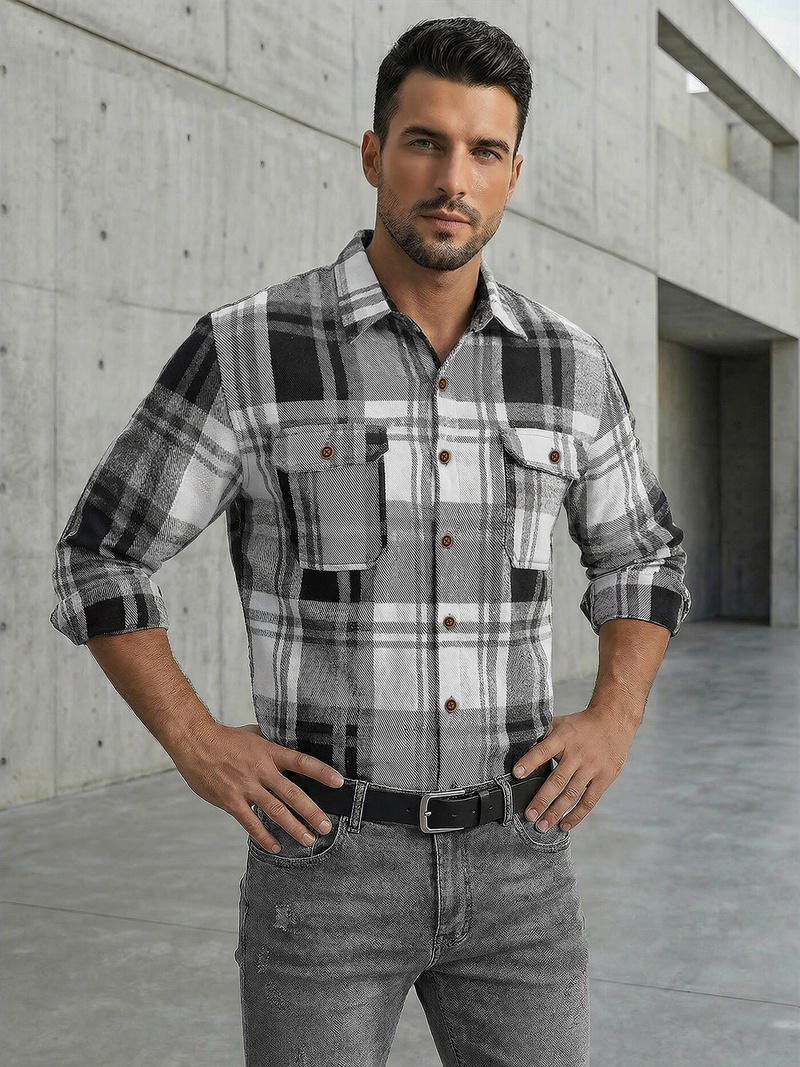 Camisa de hombre negro-blanca OZONEE NB/MC728N/3Z