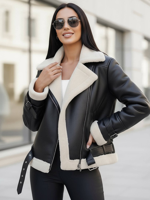 Chaqueta de cuero para mujer negro-blanca OZONEE JS/11Z8177Z