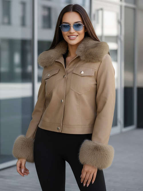 Chaqueta de cuero para mujer beige OZONEE JS/61M8513/84Z