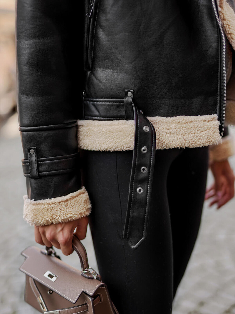 Chaqueta de cuero para mujer negro-beige OZONEE JS/11Z8177