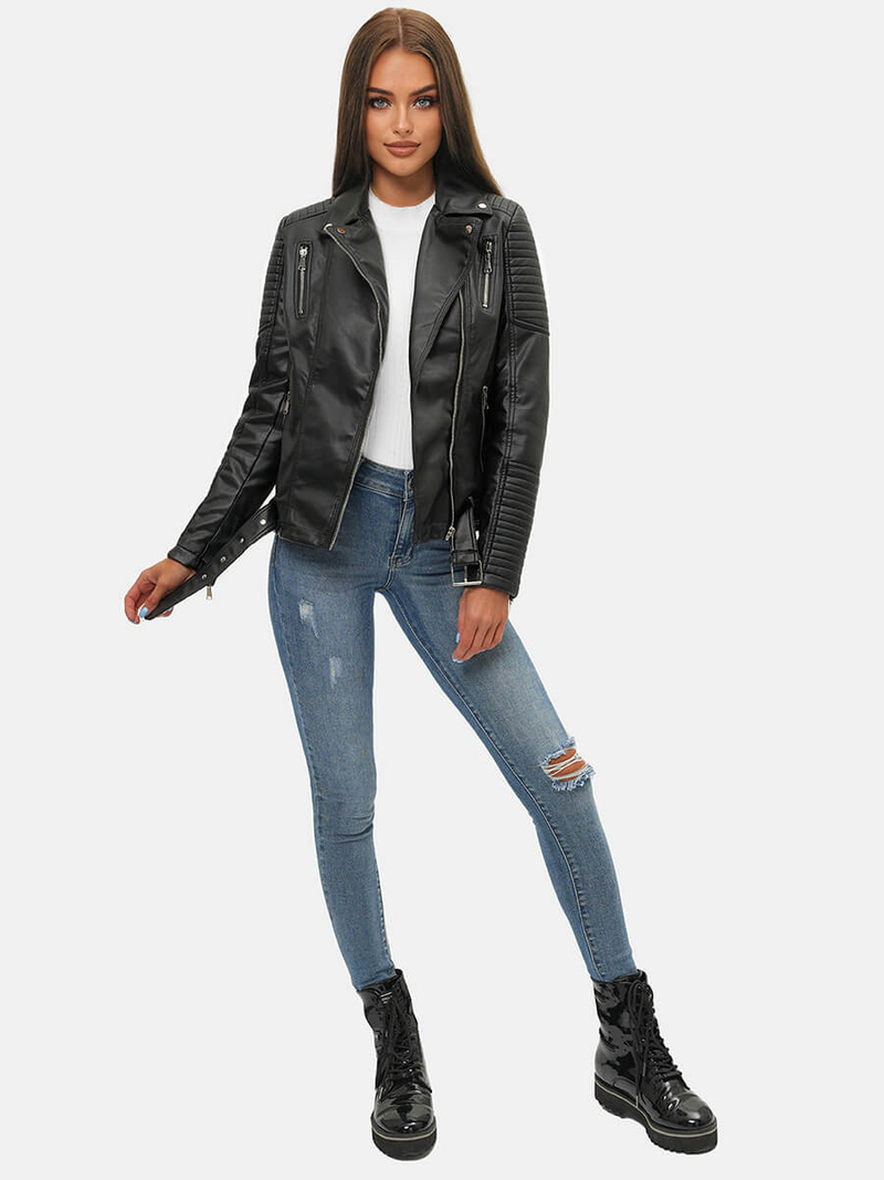 Chaqueta de cuero para mujer negra OZONEE JS/11Z8009