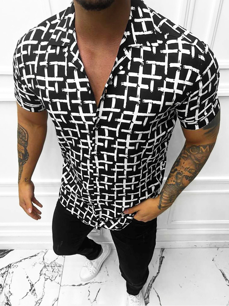 Camisa de hombre con manga corta negro-blanca OZONEE E/1400/28