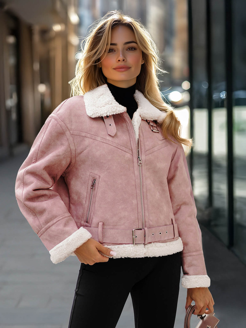 Chaqueta de cuero para mujer rosa en polvo OZONEE O/81331Z