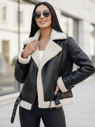 Chaqueta de cuero para mujer negro-blanca OZONEE JS/11Z8177Z