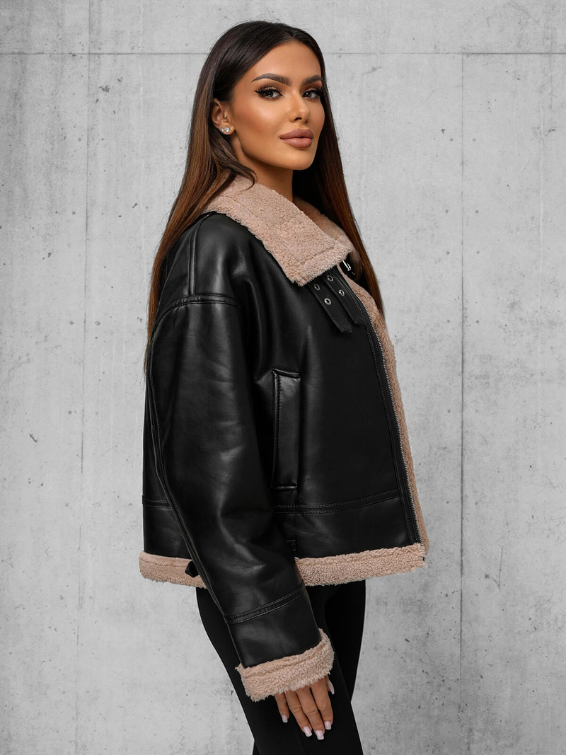 Chaqueta de cuero para mujer negro-beige OZONEE JS/11Z8176Z