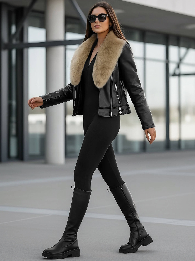 Chaqueta de cuero para mujer negro-beige OZONEE JS/61M8508/392BZ