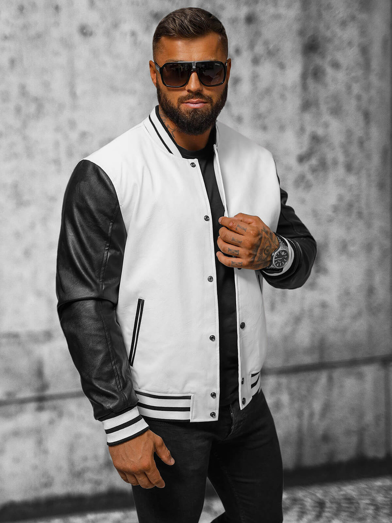 Chaqueta de cuero de hombre blanco-negro OZONEE JS/11Z8068