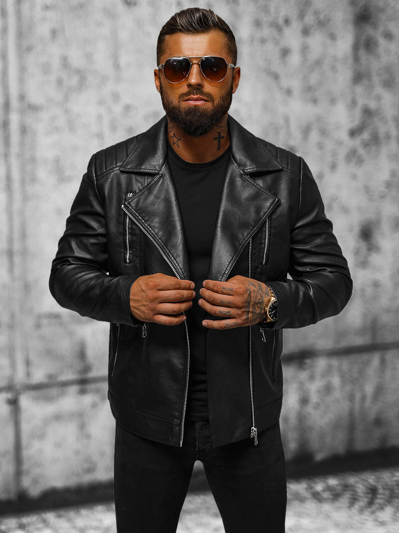Chaqueta de cuero de hombre negra OZONEE JS/11Z8067