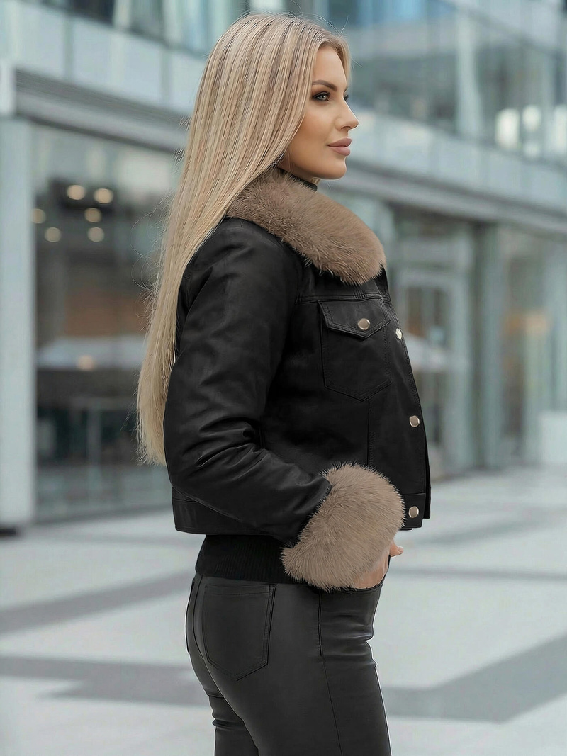 Chaqueta de cuero para mujer negro-beige OZONEE JS/61M8513/392B