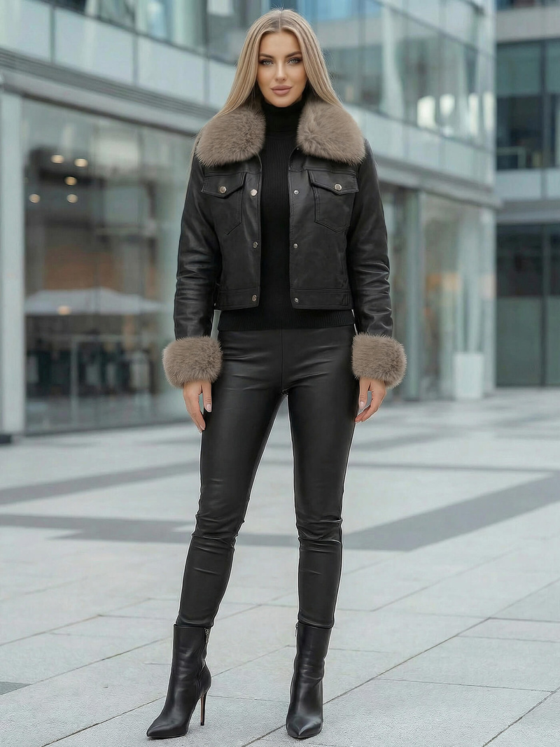 Chaqueta de cuero para mujer negro-beige OZONEE JS/61M8513/392B