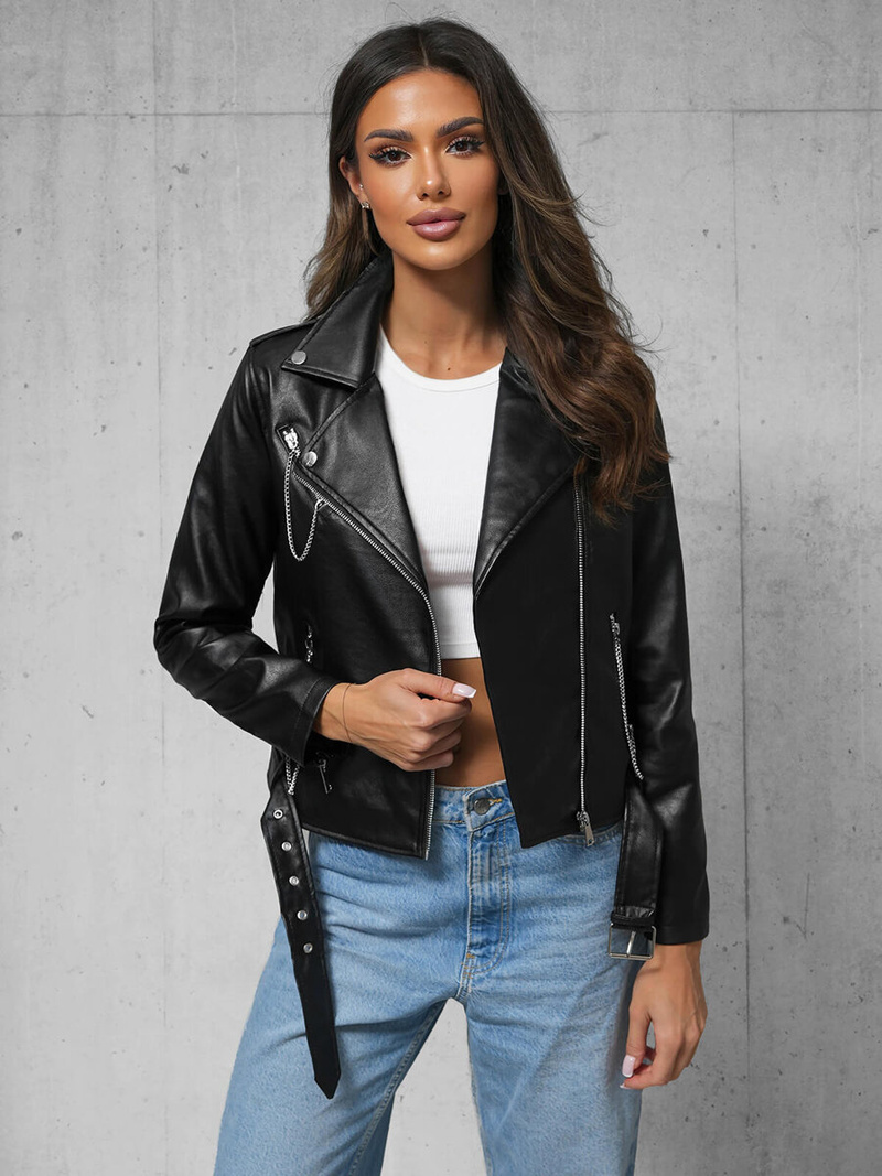 Chaqueta de cuero para mujer negra OZONEE JS/11Z8113