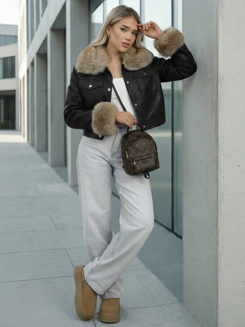 Chaqueta de cuero para mujer negro-beige OZONEE JS/61M8513/392B