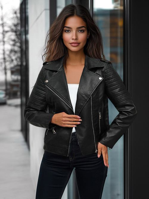 Chaqueta de cuero para mujer negra OZONEE JS/11Z8097Z