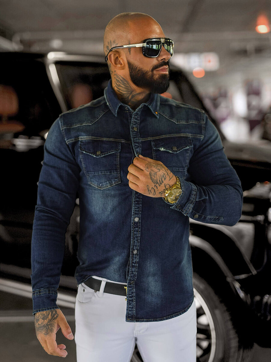 Camisa Manga Larga Azul Marino Camisa Azul Marino Oscuro Hombre