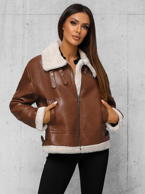 Chaqueta de cuero para mujer marrón OZONEE JS/11Z8176Z