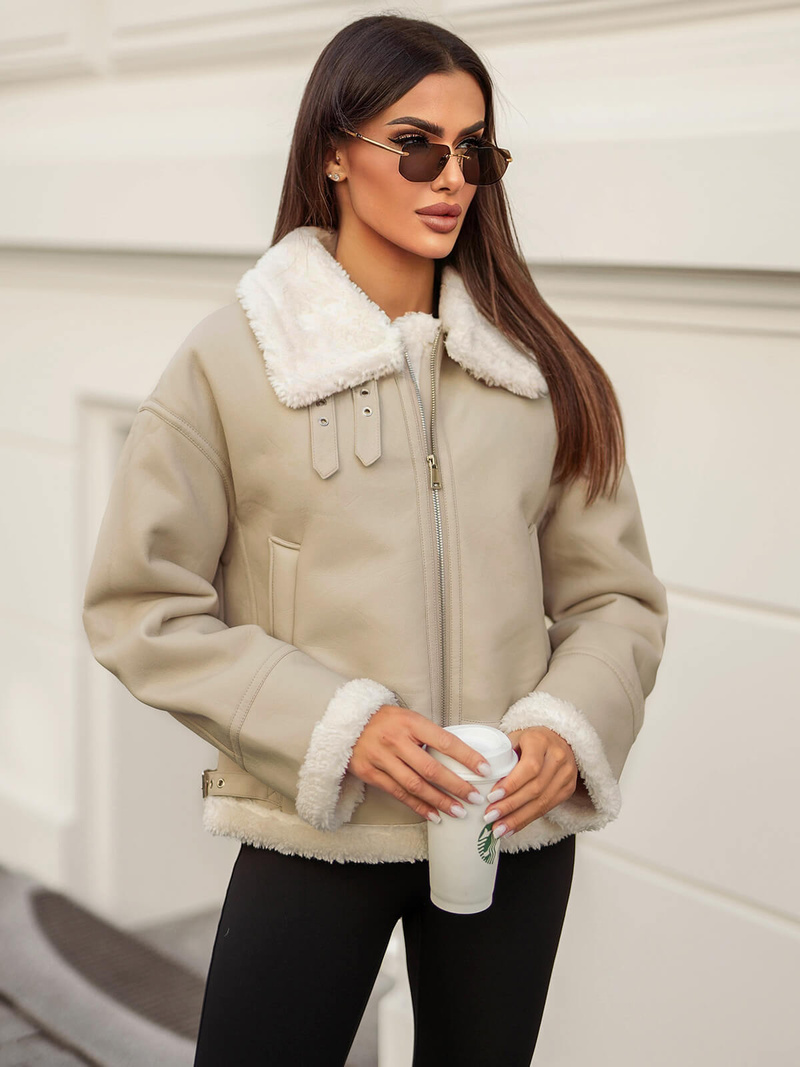 Chaqueta de cuero para mujer beige OZONEE JS/11Z8178