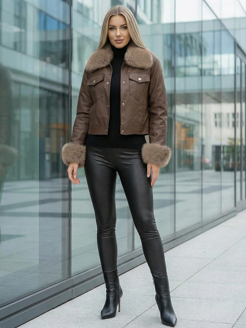 Chaqueta de cuero para mujer chocolate OZONEE JS/61M8513/158