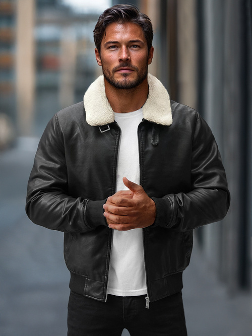 Chaqueta de cuero de hombre negra OZONEE JB/JP1178Z