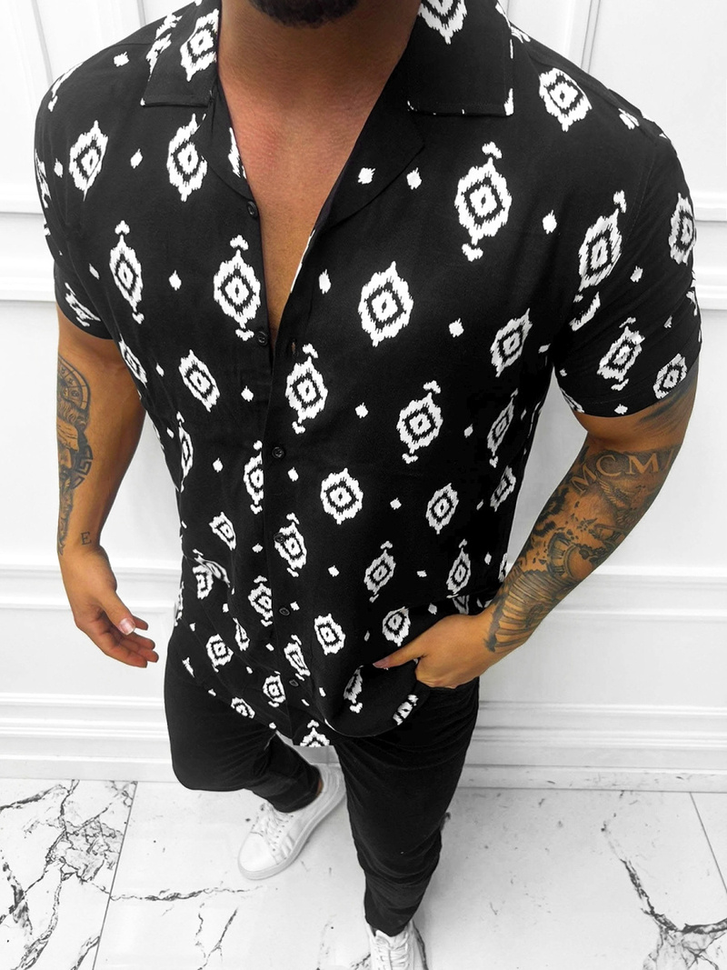 Camisa de hombre con manga corta negro-blanca OZONEE E/1400/13