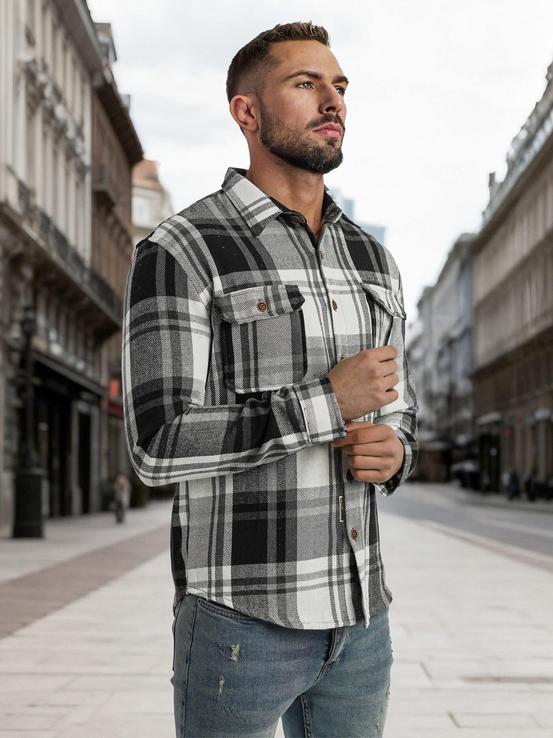 Camisa de hombre negro-blanca OZONEE NB/MC728N/3