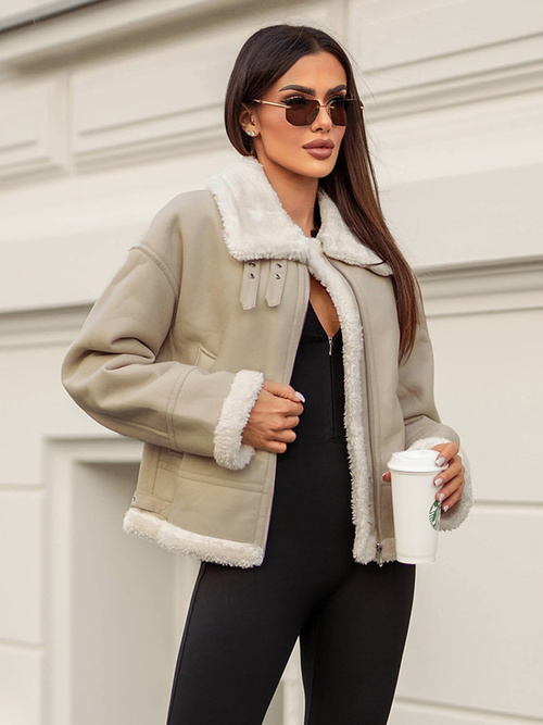 Chaqueta de cuero para mujer beige OZONEE JS/11Z8178