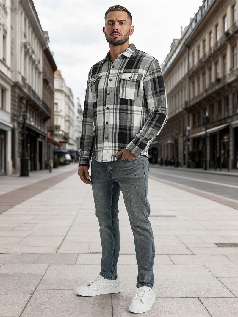 Camisa de hombre negro-blanca OZONEE NB/MC728N/3