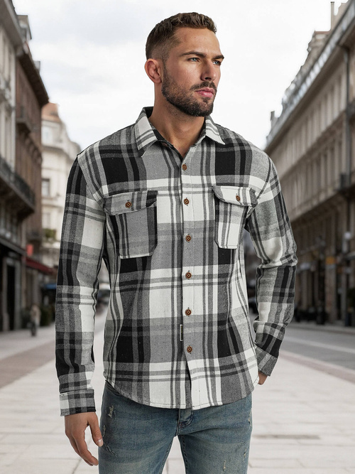 Camisa de hombre negro-blanca OZONEE NB/MC728N/3