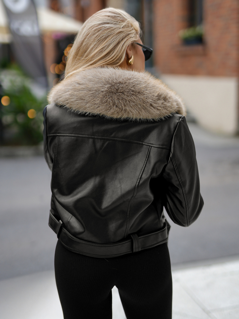 Chaqueta de cuero para mujer negro-beige OZONEE JS/61M8511/392B