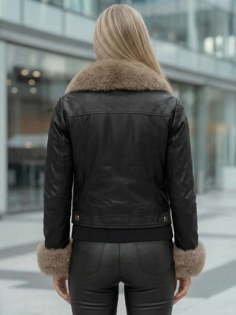 Chaqueta de cuero para mujer negro-beige OZONEE JS/61M8513/392B