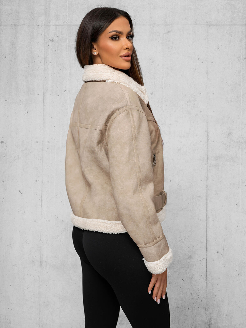 Chaqueta de cuero para mujer beige OZONEE O/81331Z