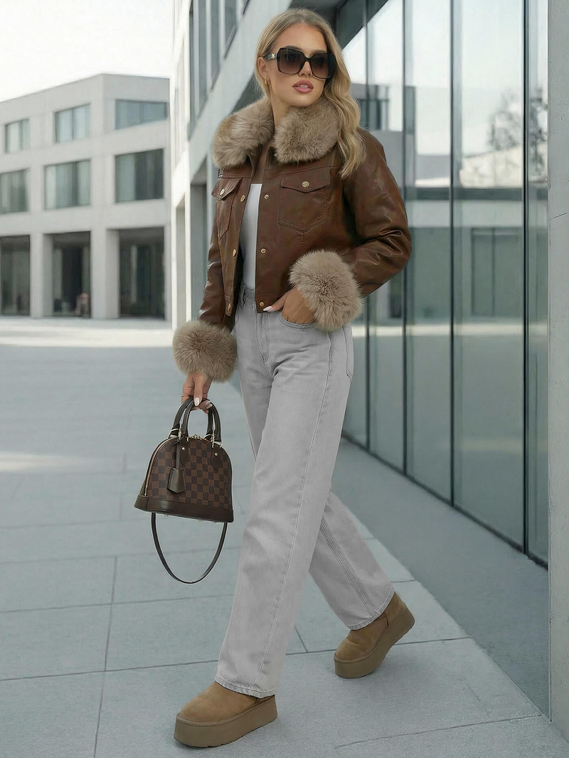 Chaqueta de cuero para mujer chocolate OZONEE JS/61M8513/158