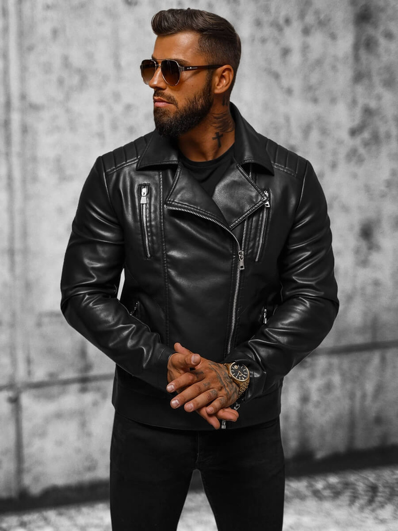 Chaqueta de cuero de hombre negra OZONEE JS/11Z8056