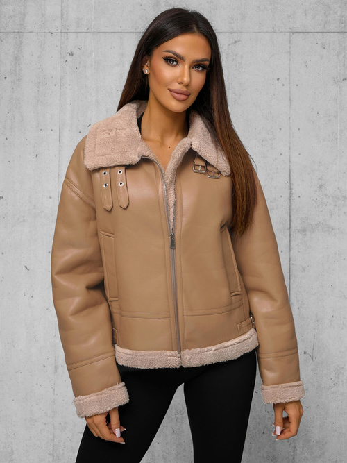 Chaqueta de cuero para mujer beige OZONEE JS/11Z8176Z