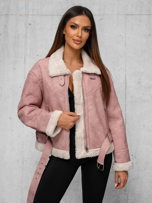 Chaqueta de cuero para mujer rosa en polvo OZONEE O/81331Z
