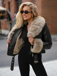 Chaqueta de cuero para mujer negro-beige OZONEE JS/61M8511/392B