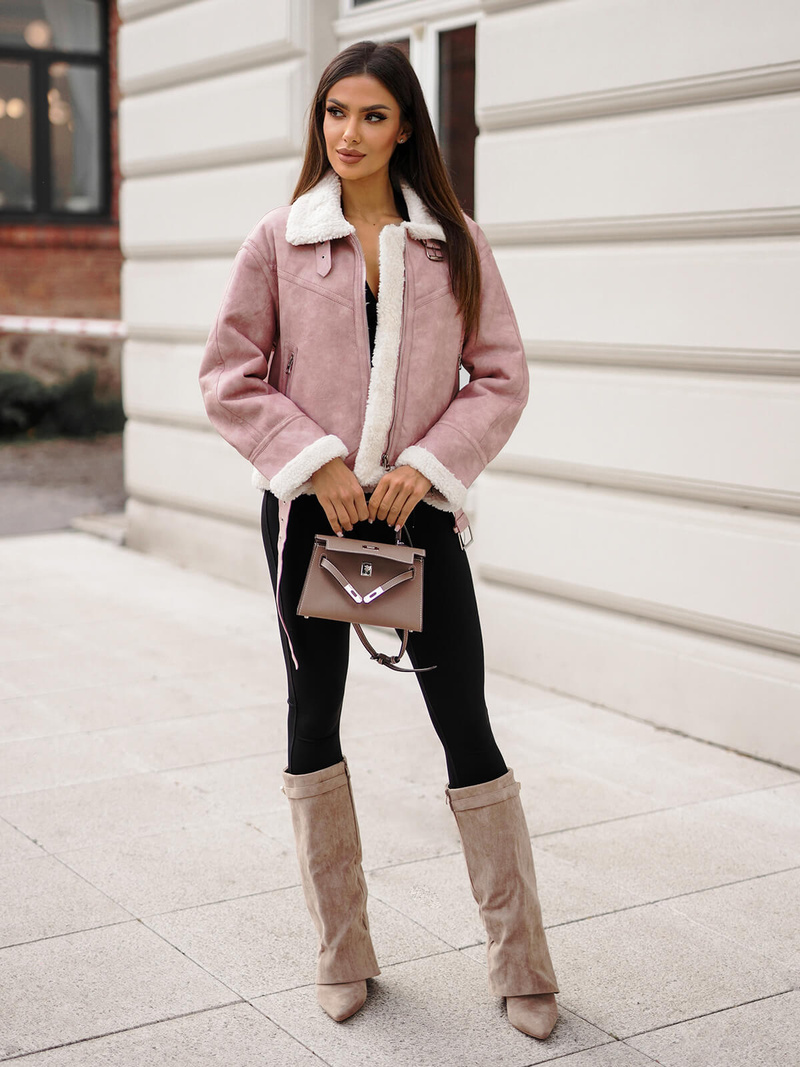 Chaqueta de cuero para mujer rosa en polvo OZONEE O/81331