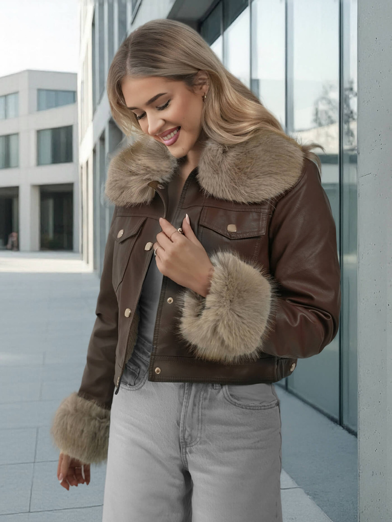 Chaqueta de cuero para mujer chocolate OZONEE JS/61M8513/158