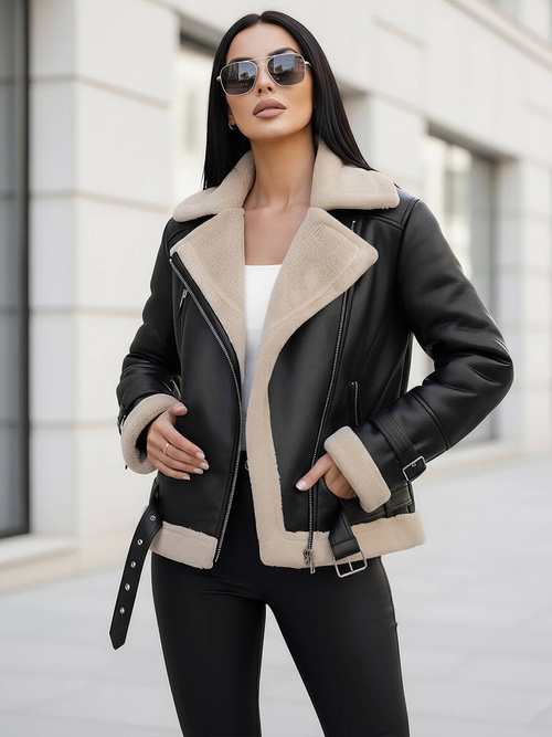 Chaqueta de cuero para mujer negro-beige OZONEE JS/11Z8177Z