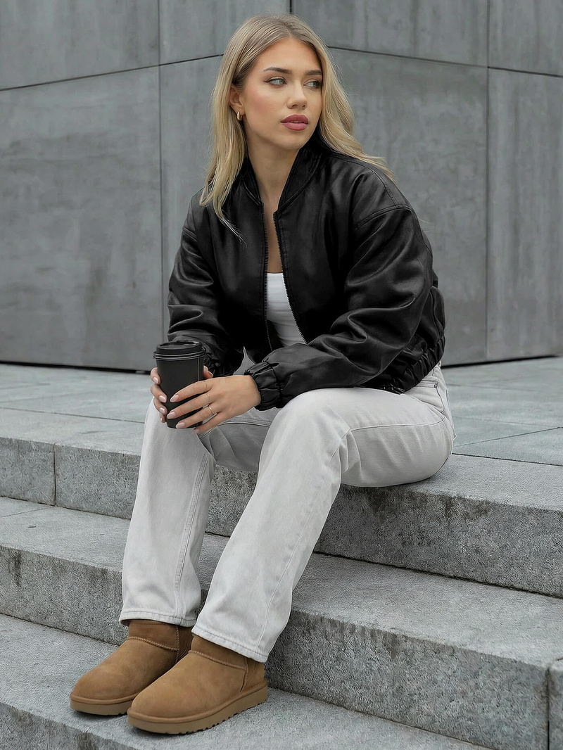 Chaqueta de cuero para mujer negra OZONEE JS/11Z8281Z