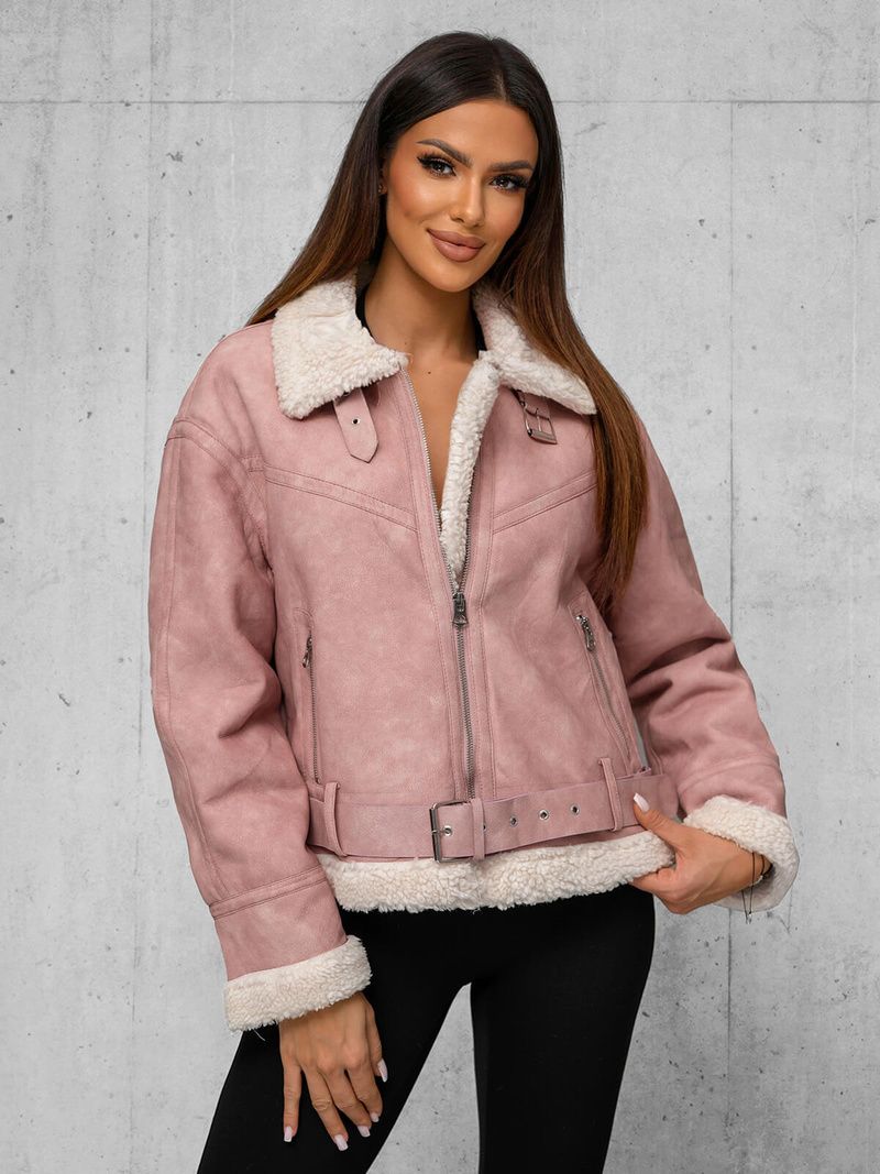 Chaqueta de cuero para mujer rosa en polvo OZONEE O/81331Z