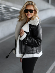 Chaqueta de cuero para mujer negro-blanca OZONEE JS/11Z8177Z