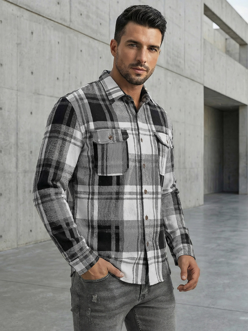 Camisa de hombre negro-blanca OZONEE NB/MC728N/3Z
