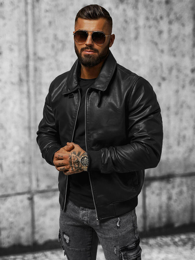 Chaqueta de cuero de hombre negra OZONEE JB/JP1178Z