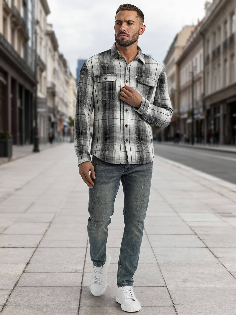 Camisa de hombre negro-blanca OZONEE NB/MC728N/4