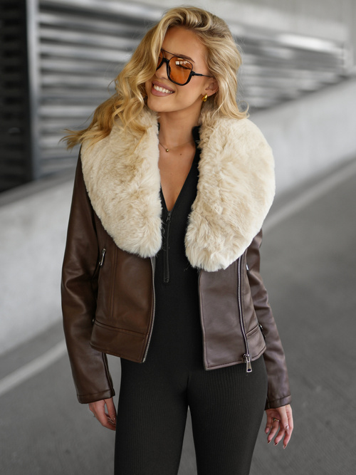 Chaqueta de cuero para mujer chocolate OZONEE JS/61M8508/158