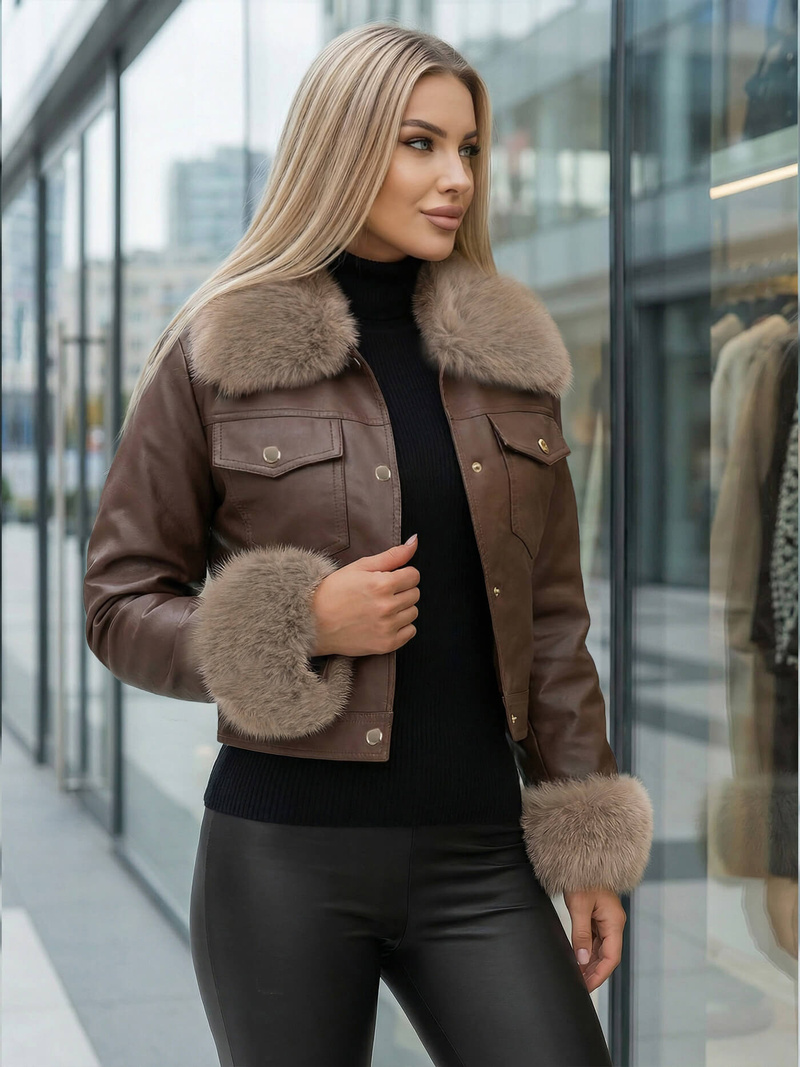 Chaqueta de cuero para mujer chocolate OZONEE JS/61M8513/158