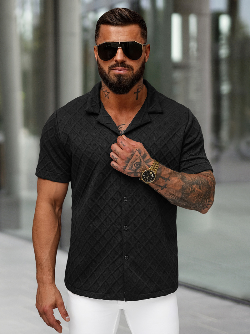 Camisa de hombre con manga corta negra OZONEE O/B2257